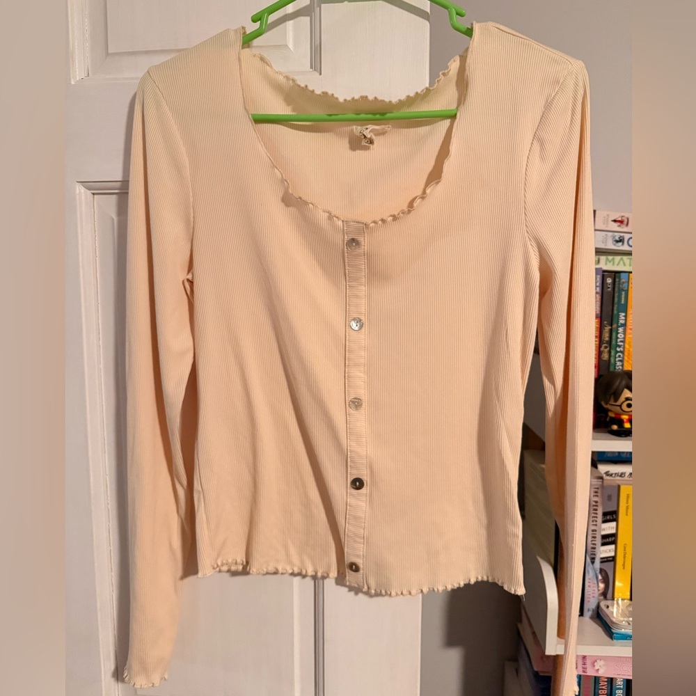 One Step Up Beige Button-Down Long Sleeve Top